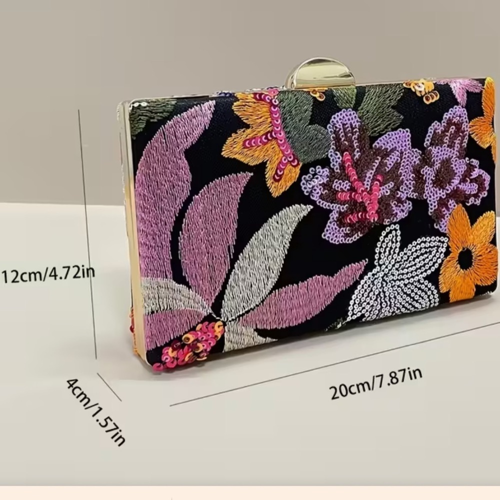 Floral Sequin Clutch with Gold Chain - Picture 6 of 9